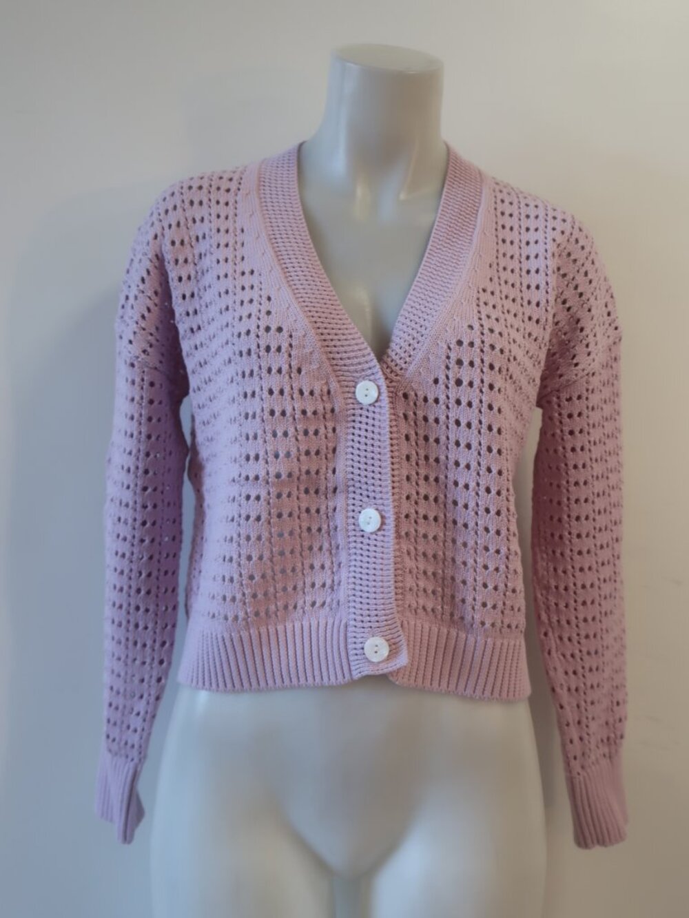 Womens Kokun Lilac (Item- 27) Open Knit V-Neck Cotton Cardigan Sweater XS - Picture 4 of 9